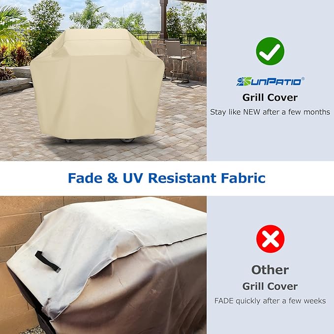 SunPatio Grill Cover 58 Inch, Heavy Duty Waterproof Barbecue Cover, Outdoor Charcoal Gas Grill Protector, All Weather Protection Compatible for Weber Char-Broil Nexgrill Kenmore and More, Beige