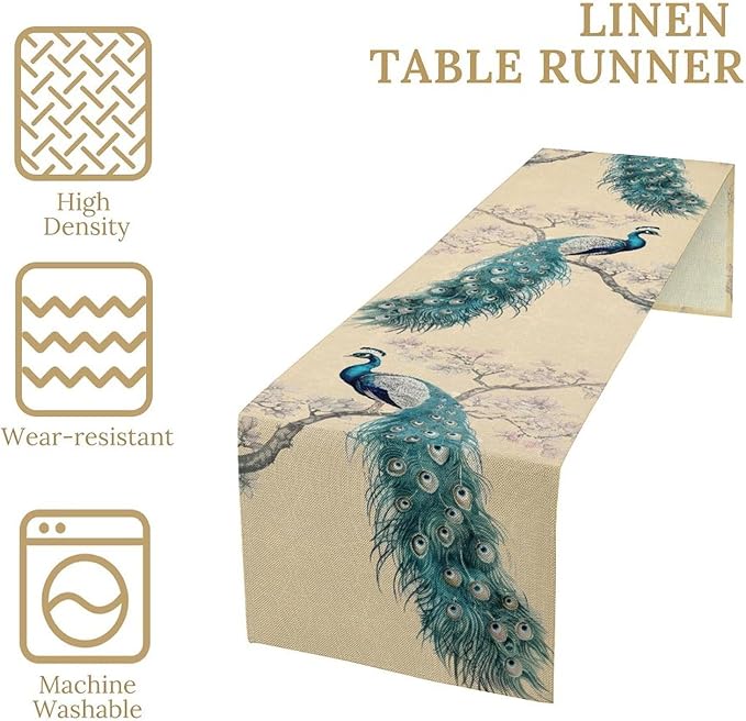 Peacock Table Runner,Retro Rustic Traditional Chinese Style Blossom Branch Table Runner Decor for Home Kitchen Dining Patio Holiday Party Indoor Table Decorations, 13"x108"