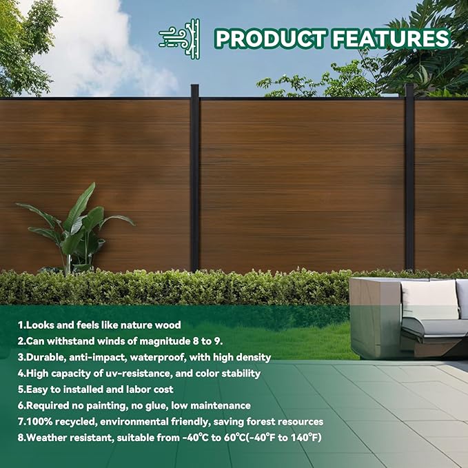 Mondaria Fence Privacy Screen with 8ft In-ground Posts, 6ft(H) x18ft(W) Wood Plastic Composite Fence Panels Weather-Resistant Outdoor Fence for Backyard/Garden (Brown, 4 Posts)
