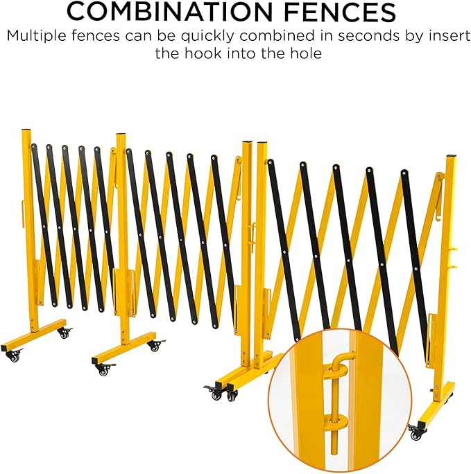 TECSPACE Industrial Expandable Metal Barricade, Expansion Size 8.2 FT, Yellow and Black, Durable Steel Safety Barricade with casters, Flexible Mobile Barrier Gate, Adjustable Traffic Fence