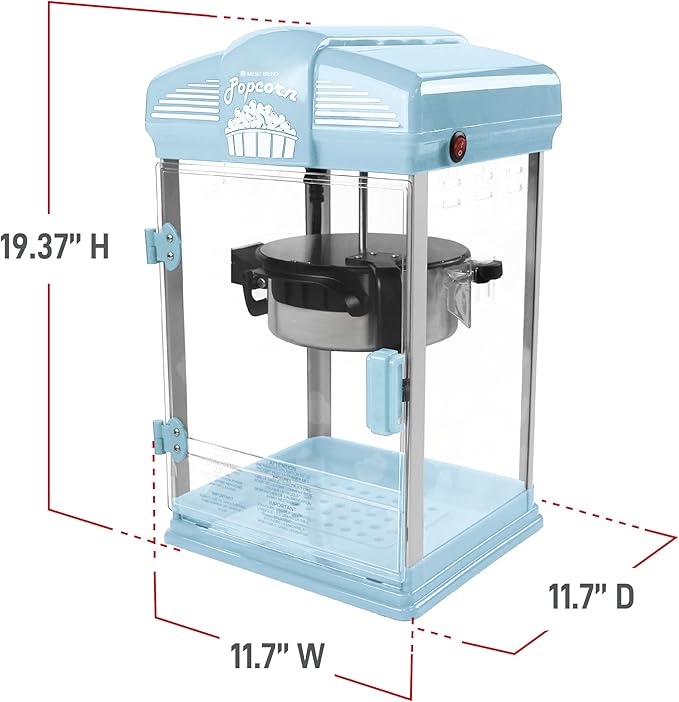 West Bend Stir Crazy Movie Theater Popcorn Popper, Gourmet Popcorn Maker Machine with Nonstick Popcorn Kettle, Measuring Tool and Popcorn Scoop for Popcorn Machine, 4 Qt., Blue