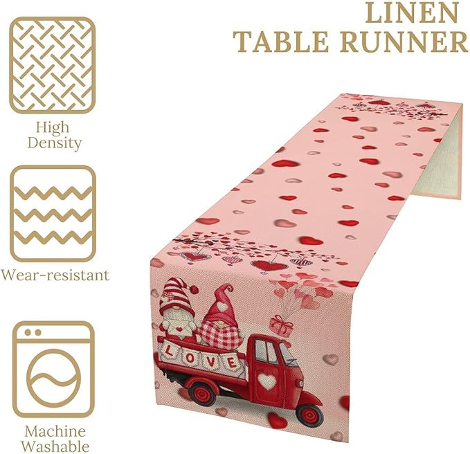 Valentines Day Table Runner,Pink Red Heart Gnomes Truck Balloon Valentines Runner for Table Seasonal Cute Decor for Indoor Outdoor Dining Table Decorations, 13"x108"