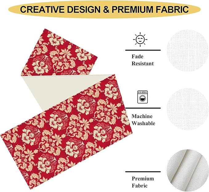 Damask Table Runner, Rustic Gothic Red Baroque Style Floral Boho Flower Antique Vintage Retro Coffee Table Center Decor for Kitchen and Dining Outdoor Home Country Party Table Decorations, 13"x72"