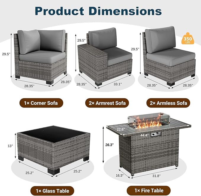 7 Piece Patio Furniture Set with Fire Pit Table, Outdoor Conversation Sets Wicker Rattan Sectional Sofa with Coffee Table, 4'' Thickened Cushion Dark Grey (Include Waterproof Cover)