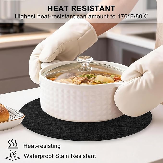 Round Faux Leather Placemats and Coasters, Set of 6, Reversible Heat Resistant Non-Slip Table Mats, Waterproof Wipeable Place Mats for Dining Table, Washable for Indoor & Outdoor (6, Black)