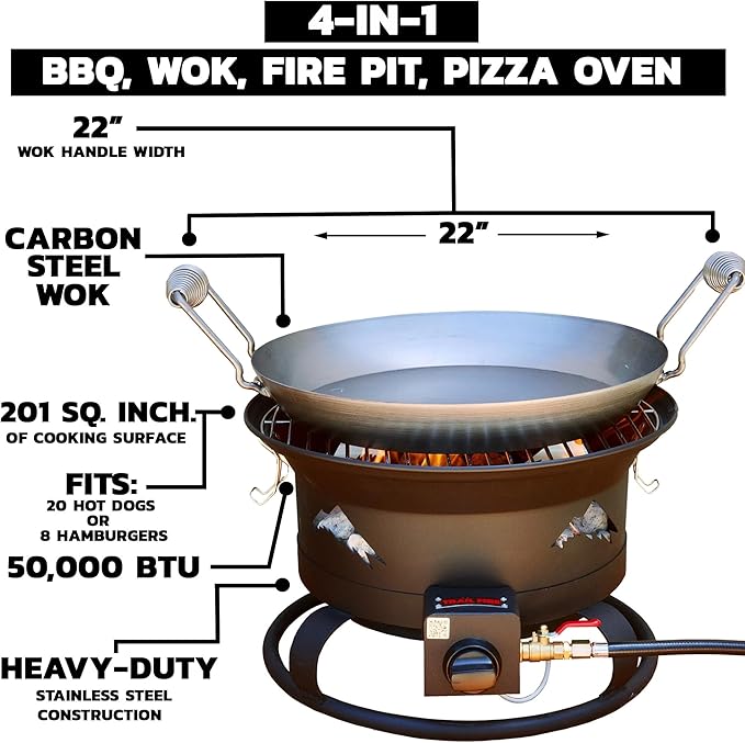 Trail Fire 4-in-1 Grill Portable BBQ with Grill, Wok, Pizza Oven, and Portable Fire Pit (Pizza Stone & Carry Bag Included) - 16" Grilling Surface