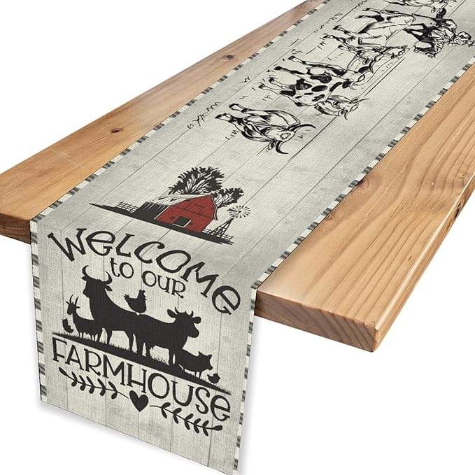 Farmhouse Cow Table Runner, Rustic Rooster Sheep Black White Plaid Animals Farm Coffee Table Center Decor for Home Kitchen Dining Patio Holiday Party Indoor Outdoor Table Decorations, 13"x36"