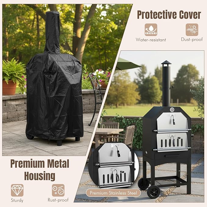 2-Tier Freestanding Charcoal Pizza Oven Stone and Shovel Large Wood Fired Pizza Oven for Backyard Camping Tailgating