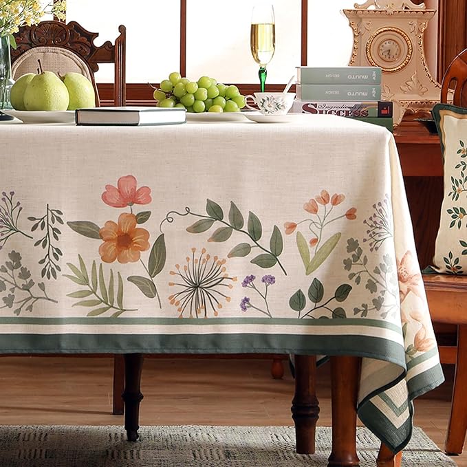 Beige Linen Rectangle Tablecloth,Vintage French Shabby Chic Floral Wrinkle Free Table Cloth,Decor Table Cover for Kitchen,Dining,Party,Home,Christmas,Thanksgiving,63"*87"-Manolya