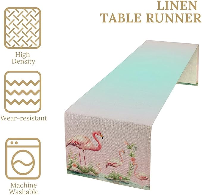 Flamingo Table Runner,Teal Pink Flamingo Family with Flowers Grass Watercolor Style Table Center Decor for Family Kitchen and Living Room Outdoor Farmhouse Party Table Decorations, 13"x108"