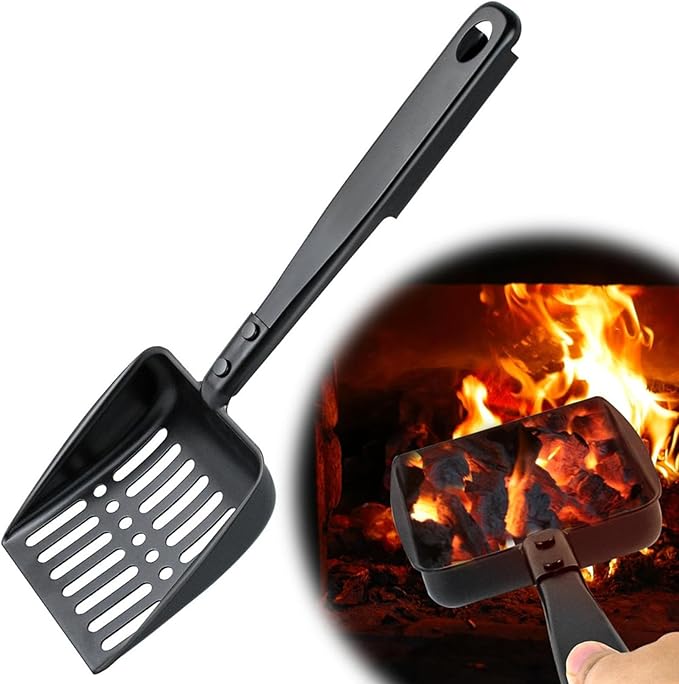 Hollow Out Fireplace Ash Sifter, Hollow Out Fireplace Shovel Metal Coal Ash, Resistant Fireplace Scoop Charcoal Shovel Fireplace Tools, Adhesive Hook for Wood Stove Indoor Fireplace Fire Pit