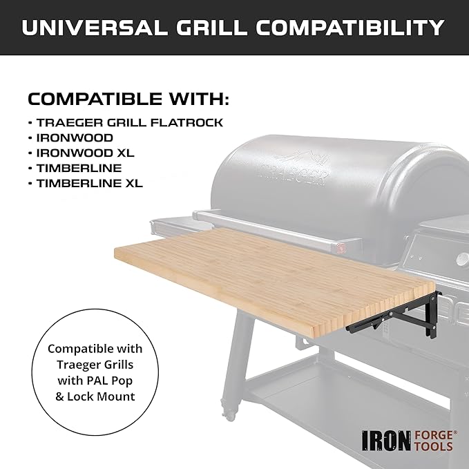 Iron Forge Tools 34x12 Wood Folding Grill Shelf Accessory - Compatible with Traeger Grill Ironwood, Ironwood XL, Timberline, & Timberline XL Models with PAL Pop and Lock Accessories Mount