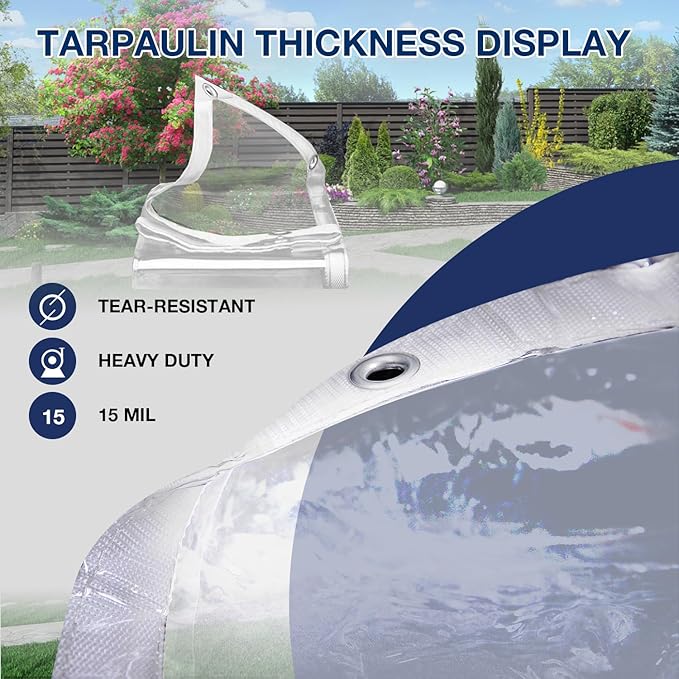 Clear Tarp 10' x 12', 15 OZ Clear Vinyl PVC Tarp Waterproof Tarpaulin 100% Transparent PVC Tarps Upgrade to Double The Cold Resistance-Temperature from -5°F to 140°F