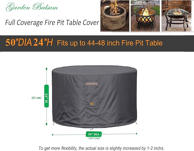 Fire Pit Cover 600D Heavy Duty Waterproof Fabric With PVC Coating Round 50" Dia x 24" H Dark Grey Fits 44-48 inch Fire Pit Table Fade Resistant Outdoor Firepit Cover