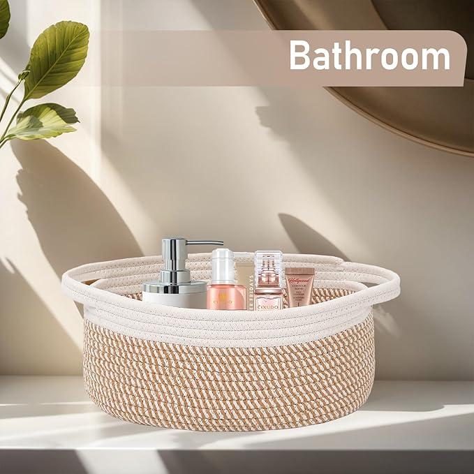 Woven Basket,Small Rope Storage Bin with Handles & Ribbon Bag, Organizer for Shelves Closets,Gift Basket Empty for Birthday,Books,Dog Toys, White&Brown Block