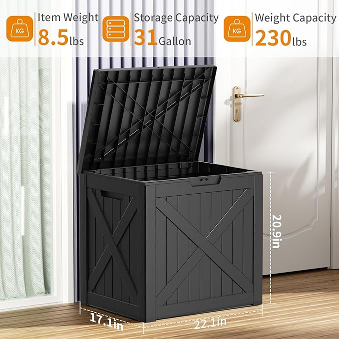 32 Gallon Waterproof Outdoor Storage Box, UV Resistant Resin Deck Box with Hydraulic Rod for Reinforced Stability, Perfect for Patio, Garden, and Pool, Black