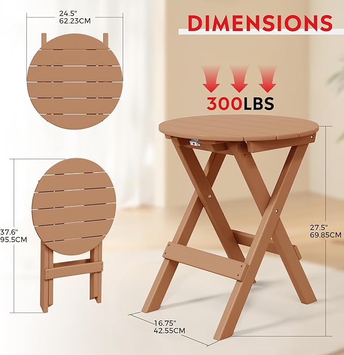Costaelm Paradise HDPE Outdoor 24.5 Inch Round Portable Folding Patio Dining Table, Teak