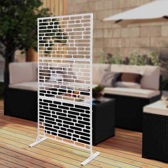 75" H×35" W Decorative Outdoor Privacy Screen with Stand, Outdoor Decor Privacy Fence Screen Metal Fence Panels, Free Standing Metal Divider for Patio Lawn Deck (White-Oval)