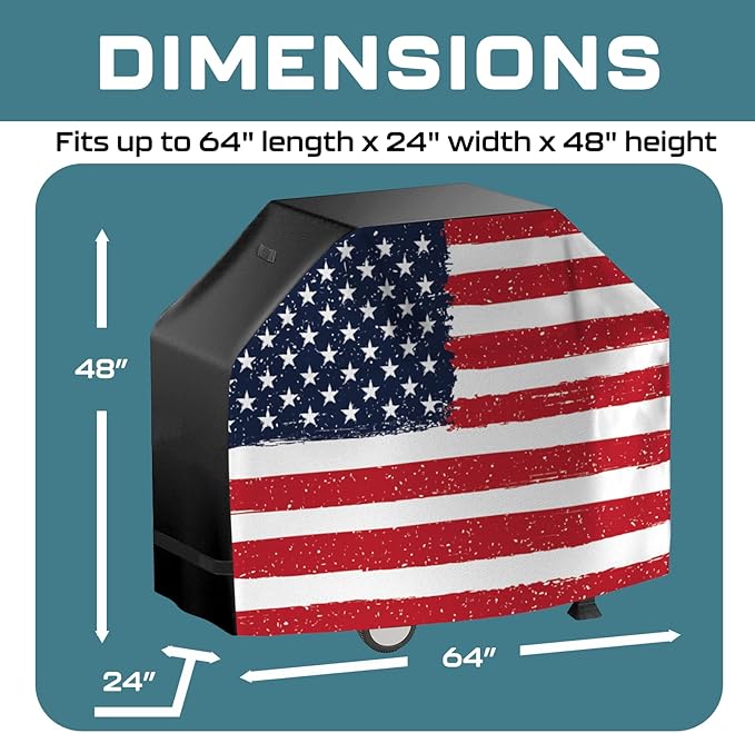US Flag 64 Inch Grill Cover - Waterproof, Heavy Duty Universal Cover for Outdoor & BBQ Grills