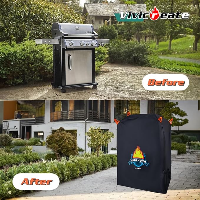 Vivicreate Waterproof BBQ Grill Cover 32 Inch Heavy Duty 420D Fabric Outdoor Barbecue Cover Weatherproof UV Protection Windproof Fits Weber Char-Broil Nexgrill Traeger Smoker Parrilla