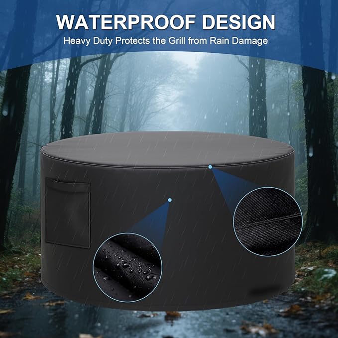 Outdoor Fire Pit Cover, All-Weather Resistance Round 32 Inch Fire Pit Cove for 28-32 inch Patio Fire Pit Table with Grill & Lid, Waterproof Tear & Fade Resistant with Drawstring, Air Vent