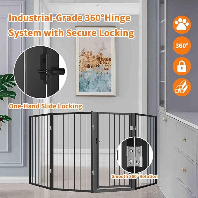 Metal Freestanding Dog Gate, Foldable Extra Wide 79", 32" Tall Large Opening Pet Gate for Indoor & Outdoor, Portable Dog Fence for Stairs, Doorways (Black, 4 Panels)