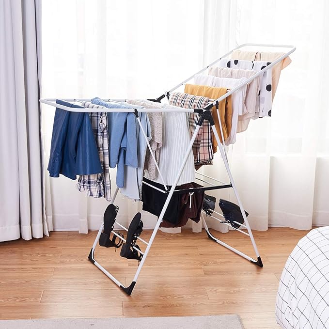 GOFLAME Steel Clothes Drying Rack with Adjustable Wings, Foldable Gullwing Collapsible Laundry Drying Rack with Shoe Holder and Shelves, Space Saving Drying Rack for Underwear, Socks, Pants