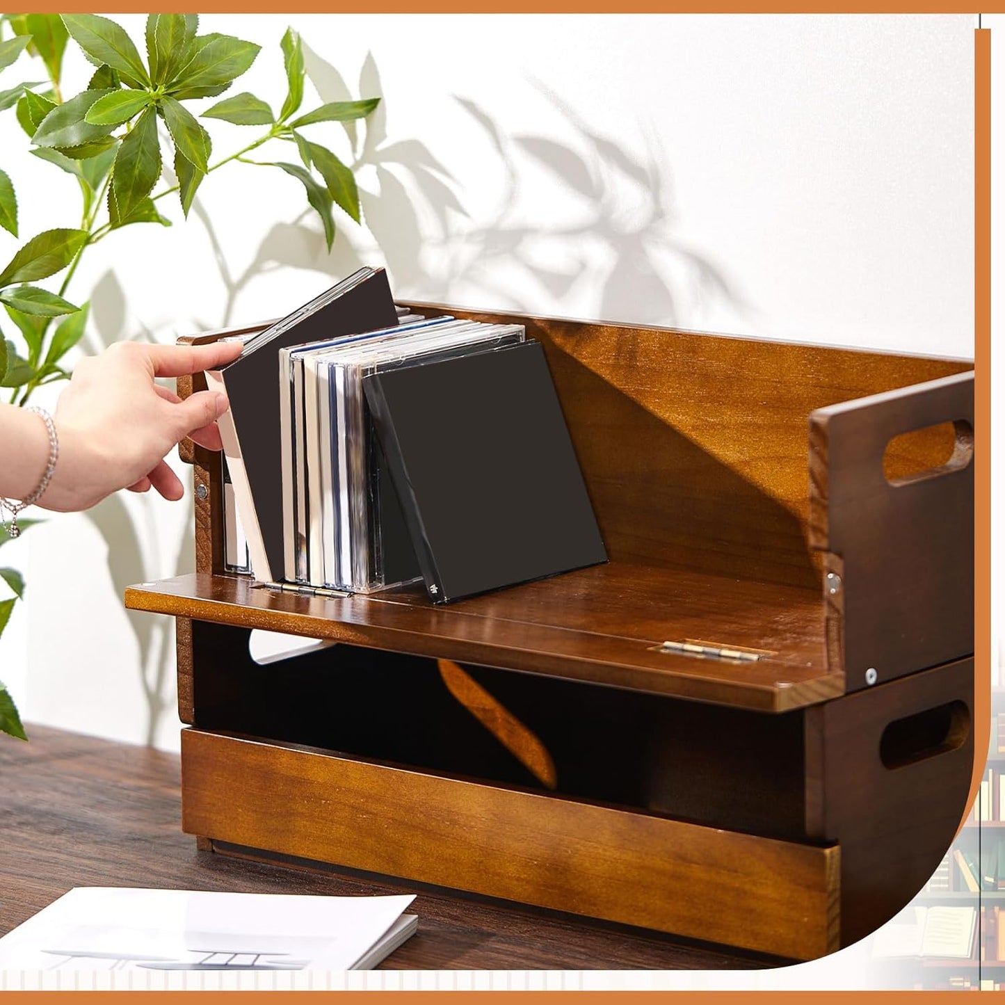 1 Set Wooden CD Storage Box Holder Shelf Cassette Tape Display Racks with Carrying Handles, Organizer Shelf for Movie Cases, DVDs, Each Set Can Store up to 36 Pcs CDs (Brown)