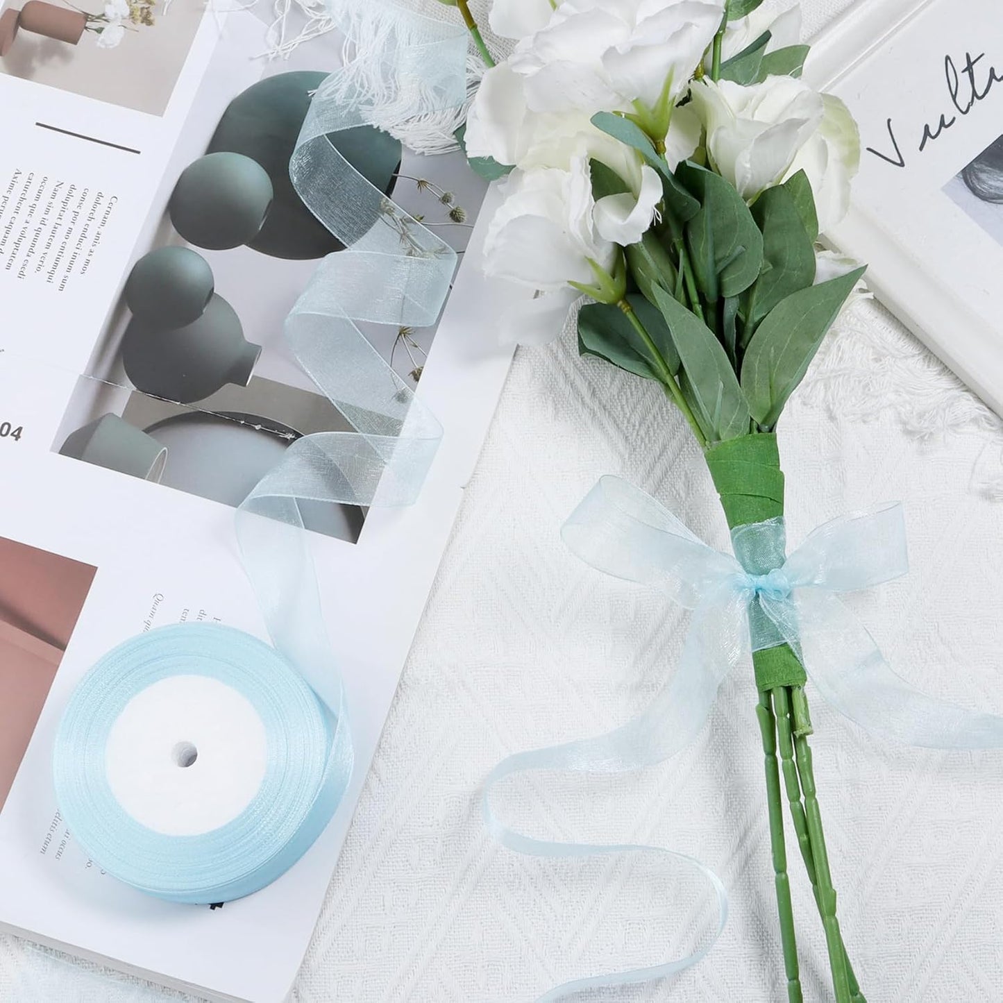 Ribbon for Gift Wrapping 3/4 inch Light Blue Sheer Organza Ribbon for Flower Bouquet Tulle Thin Chiffon Ribbons for Wedding Invitations Christmas Halloween Presents Decorations Crafts 50 Yards