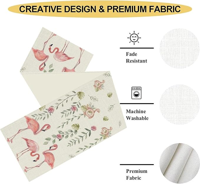 Flamingo Table Runner,Rustic Boho Grey Leaf Pink Rose Floral Tropical Bird Pattern Table Center Decor for Family Kitchen and Living Room Outdoor Farmhouse Party Table Decorations, 13"x90"