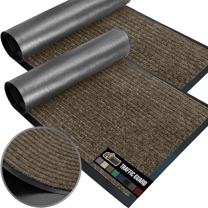 GORILLA GRIP Waterproof Traffic Guard Door Mat, 2 Pack Heavy Duty Entryway Mats, Strong Rubber Back Commercial Utility Rugs for Office Hallway, Garage Floor and Home, Low Profile Carpet, 29x17, Brown