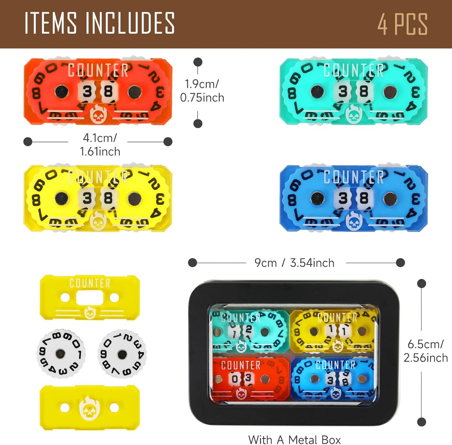 4Pcs MTG Life Counter Twin Digits with Metal Box, Health Tracker Life Counter for MTG Magic Card Games Accessories, Compatible with Magic The gatering Tabletop RPG D&D CCG TCG Board Games