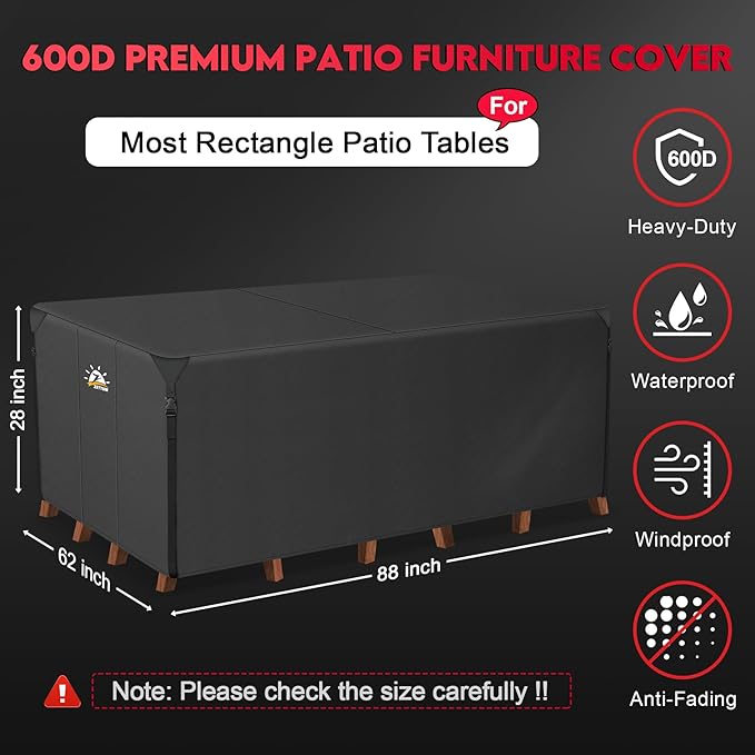 Zettum Patio Furniture Cover Rectangle - 600D Outdoor Table Cover Waterproof & Heavy Duty, Lawn Furniture Set Covers for Outside Rectangular Dining Table and Chairs Seating Combo - 88 x 62 x 28 Inch