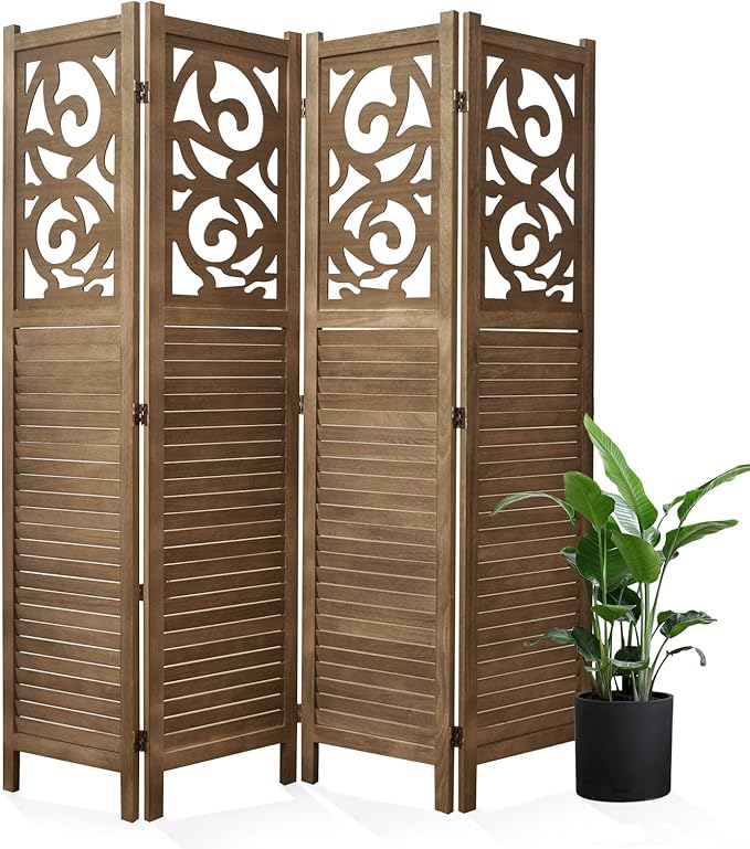 Room Divider Wood Carved Wall Divider Indoor Folding Portable Partition Screen for Home Office Garden Terrace - 4 Panel, 67 * 60inch (Dark Brown)