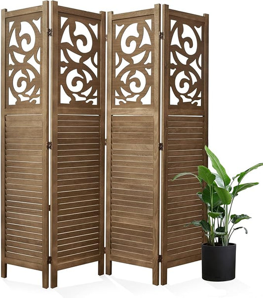 Room Divider Wood Carved Wall Divider Indoor Folding Portable Partition Screen for Home Office Garden Terrace - 4 Panel, 67 * 60inch (Dark Brown)
