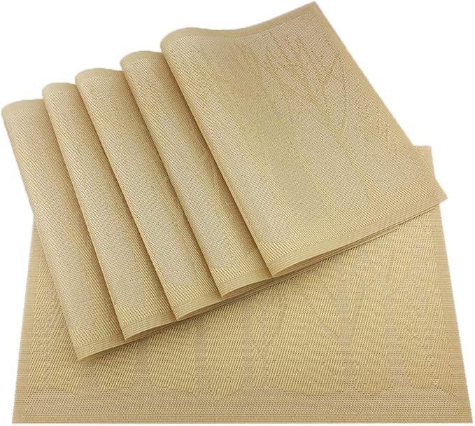 Gugrida Place Mats PVC Set of 6, Table Placemats Set of 6 PVC Washable Woven Vinyl Place Mats Heat Insulation Top Meal Mat Table Mats Natural Color (6 pcs, Gold Tree), 18 x 12 inch