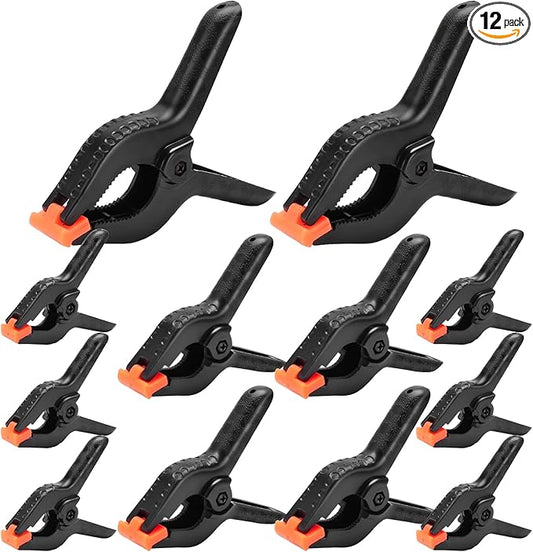 12 Pack Plastic Spring Clamps Set, 3 Sizes of Spring Clips 3.5 Inch, 4.5 Inch, 6 Inch Set, Black Heavy Duty Clips, Backdrop Clips, Woodworking Clamps, Plastic Clamps for Woodworking,Photography