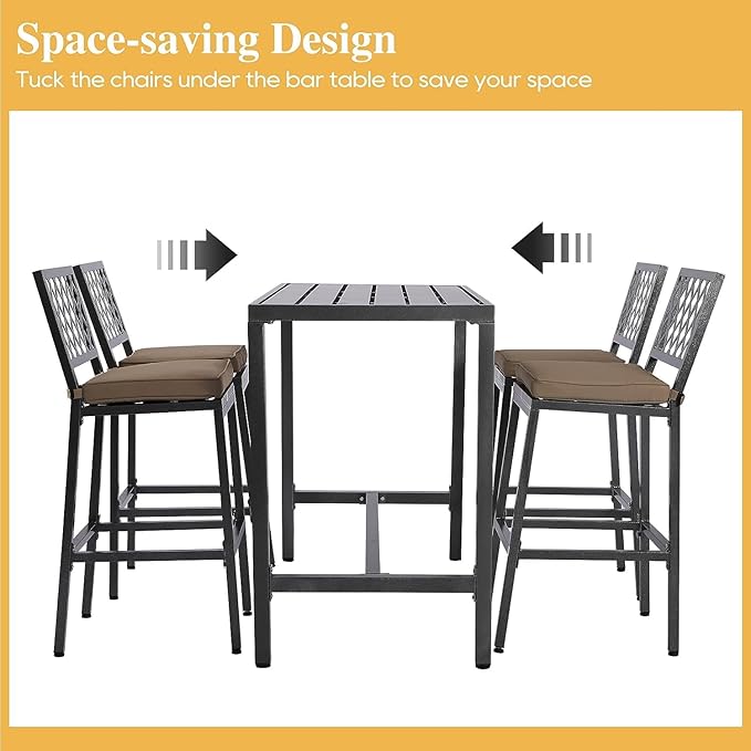 Outdoor Patio Bar Set, Bar Height Patio Dining Set, Weather-Resistant Bistro Counter Pub Set with Cushions & Slatted Tabletop for Backyard