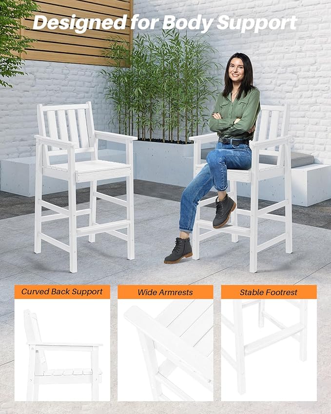 3-Piece Adirondack Chairs and Table Set, HDPE Patio Bar Sets, All Weather Outdoor Bar Stools Set, HDPE Adirondack Bar Height Chairs and Bar Table for Balcony, Porch, Garden, Pearl