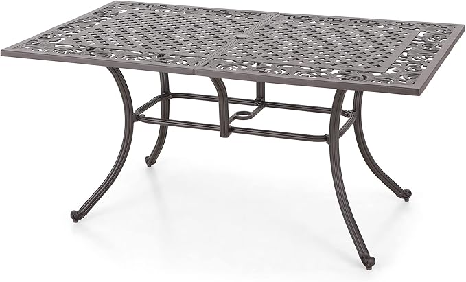 PHI VILLA Cast Aluminum Rectangular Patio Dining Tables for 6 Person, 64" x 37" Engraved Cast-Top Aluminum Table with 2.3" Umbrella Hole, Lawn Garden Tables for All Weather