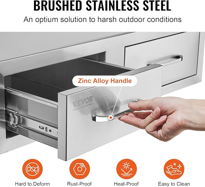 VEVOR Outdoor Kitchen Drawers 30" W x 10" H x 20" D, Horizontal Double BBQ Access Drawers Stainless Steel with Handle, BBQ Island Drawers for Outdoor Kitchens or Patio Grill Station