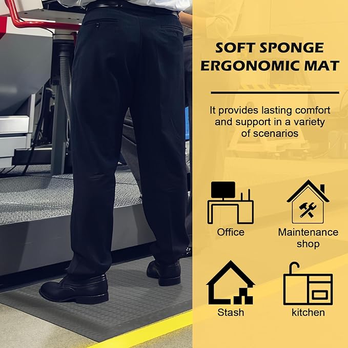 3 x 6 FT Anti Fatigue Mats Industrial 15/16 Inch Thick Soft Sponge Ergonomic Mat Durable Heavy Duty Diamond Plate for Standing Non Slip Industrial Grade Floor Mat for Leg & Back Pain (Gray)