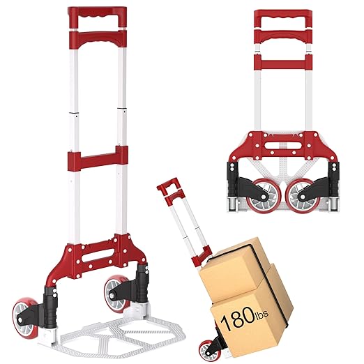 Folding Hand Truck - Aluminum Portable Dolly Cart with Telescopic Handle, Bungee Cord - Compact Lightweight Foldable Luggage Cart for Moving, Home, Auto, 180lbs, Red