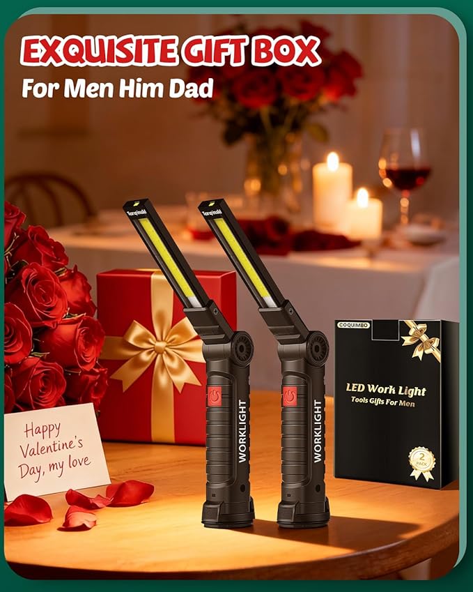 Coquimbo Mens Valentines Day Tool Gifts for Him Boyfriend Husband, Rechargeable LED Work Light BBQ Grill with Magnetic Base Hook, 360° Rotate Mechanic Flashlight Dad Birthday Gifts (2 Pack Black)