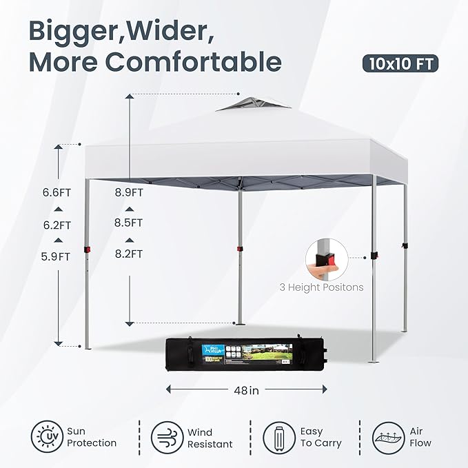 PHI VILLA 10x10 Pop Up Canopy Tent Easy Outdoor Sun Shade for Events Party Tent, 100 Sq. Ft of Shade, White