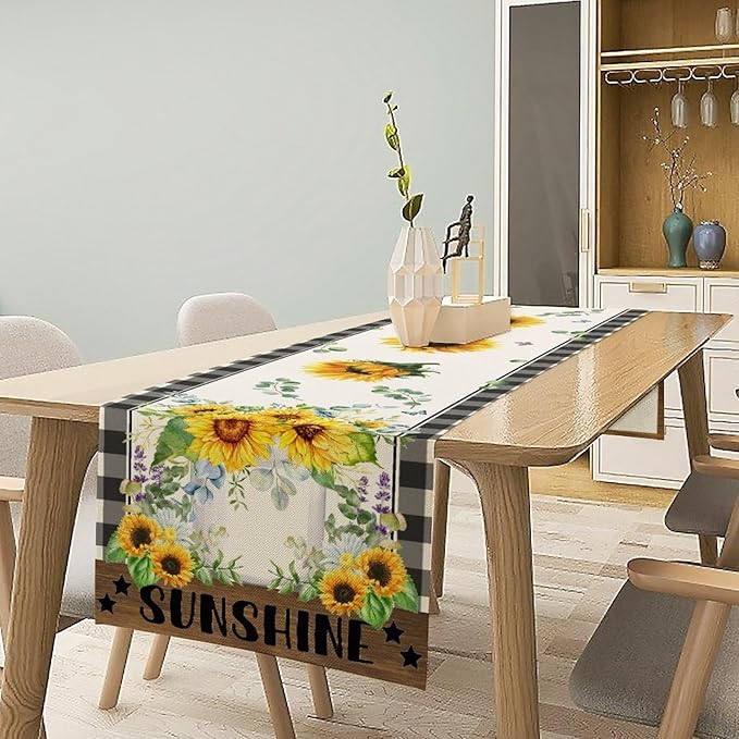 Sunflower Table Runner, Buffalo Floral Seasons Spring Summer Fall Table Runner for Kitchen Dining Farmhouse Home Party Outdoor 13x70in