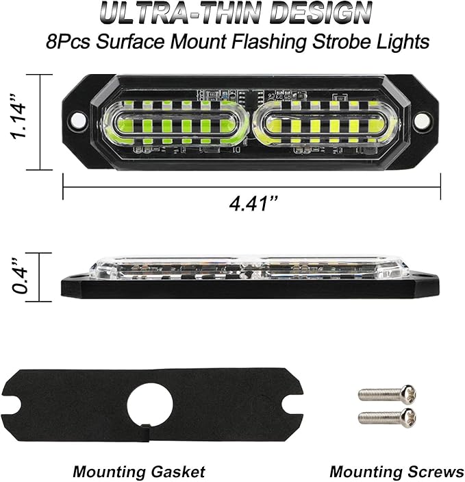 ASPL 8pcs Sync Feature Ultra Slim 12-LED Surface Mount Flashing Strobe Lights for Truck Car Vehicle LED Mini Grille Light Head Emergency Beacon Hazard Warning Lights (Green/White)