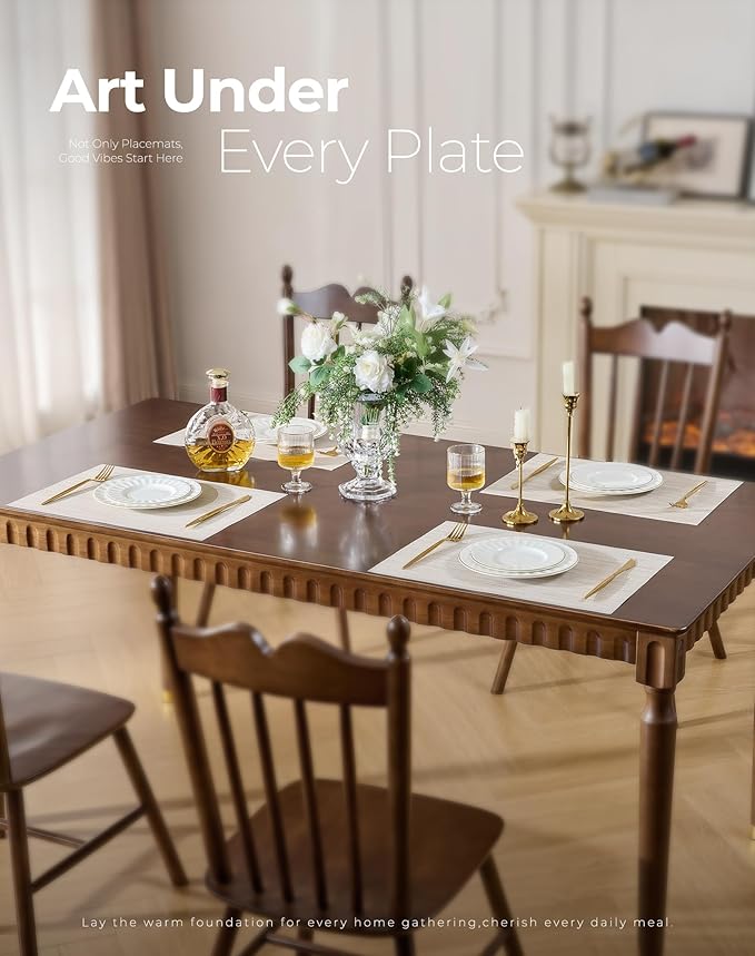 Leetaltree Beige White Placemats Set of 6 - Heat Resistant Non-Slip Place mats for Dining Table, Washable Durable PVC Vinyl Woven Table Mats(Beige White, 6)