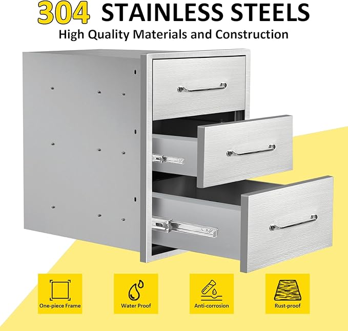 Outdoor Kitchen Drawers 16" W x 21" H x 23" D Flush Mount Triple BBQ Drawers with Chrome Handle Stainless Steel Drawer for Outdoor Kitchen Island, Patio Grill Station