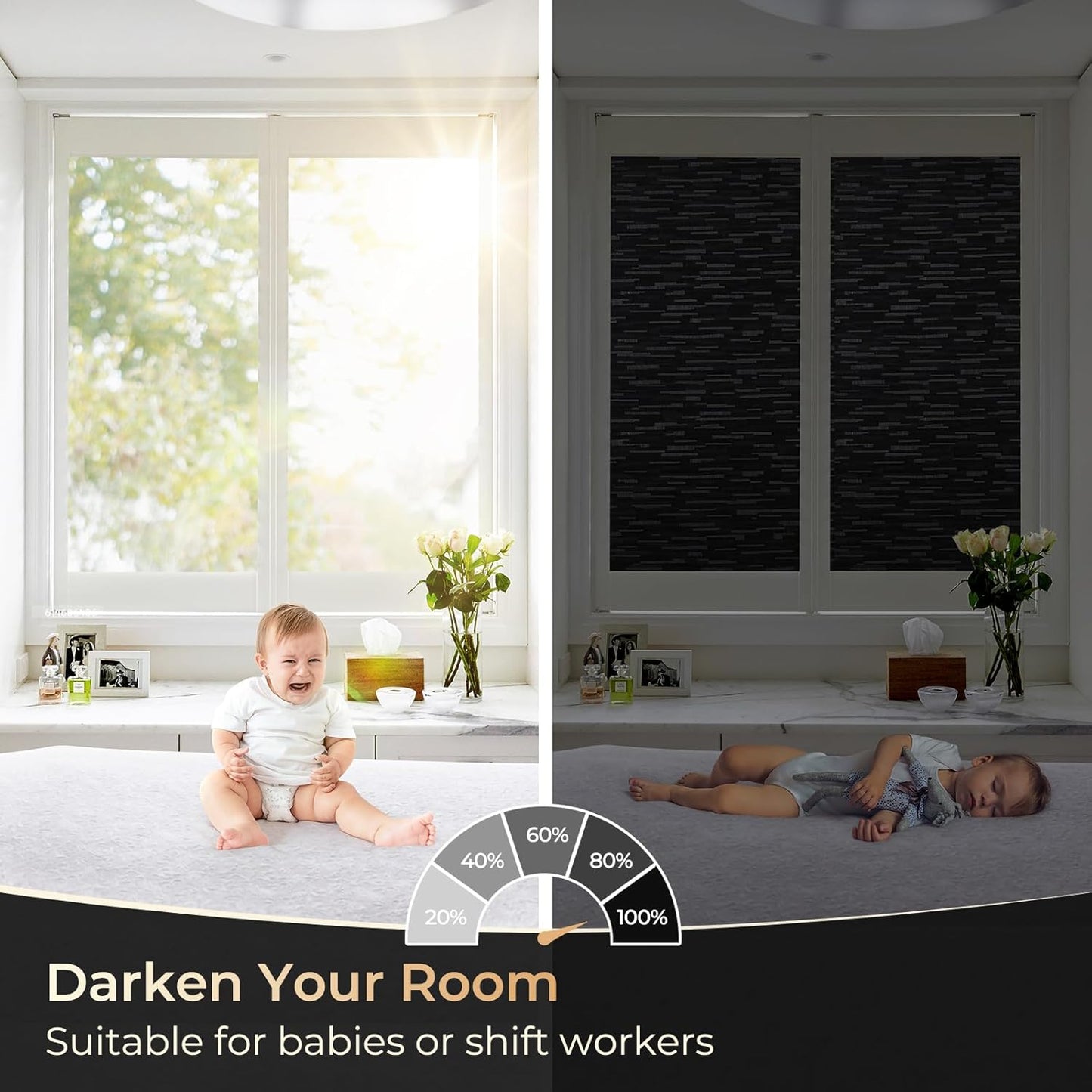 rabbitgoo Blackout Window Film, Sun Blocking Privacy Film for Room Darkening, Removable Black Out Vinyl Cover Tint for Home Day Sleep, Anti-UV Frosted Glass Clings, Black, 23.6 x 118.1 Inches